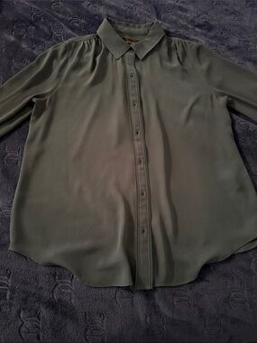 White House Black Market Navy Blouse with Gathered Yoke